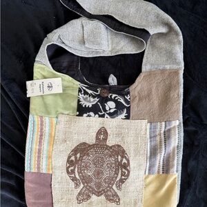 Handmade Patchwork Sea Turtle Crossbody Bag with Neutral Accents